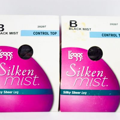 2 L'eggs Silken Mist Control Top Sheer BLACK MIST Silky Sheer Leg Tight B